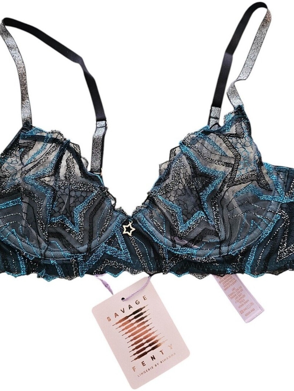 Savage X Fenty Sz 32C Shining Star Teal Silver Unlined Demi Bra Embroidered